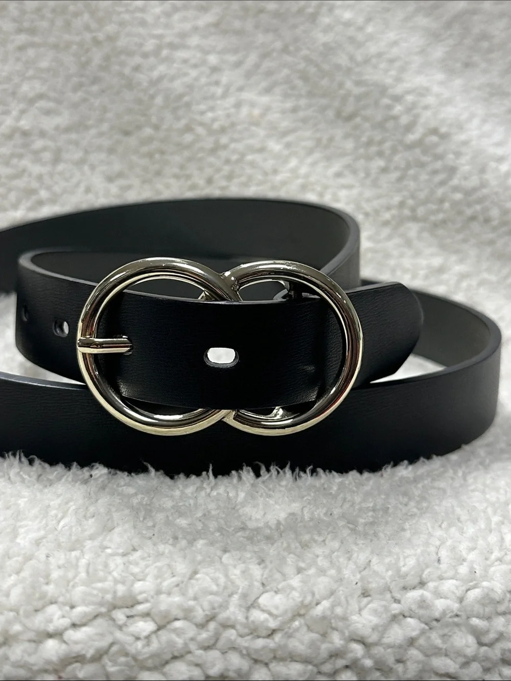Vegan Faux Leather Black Belt With Gold Tone Double Circle Buckle, L